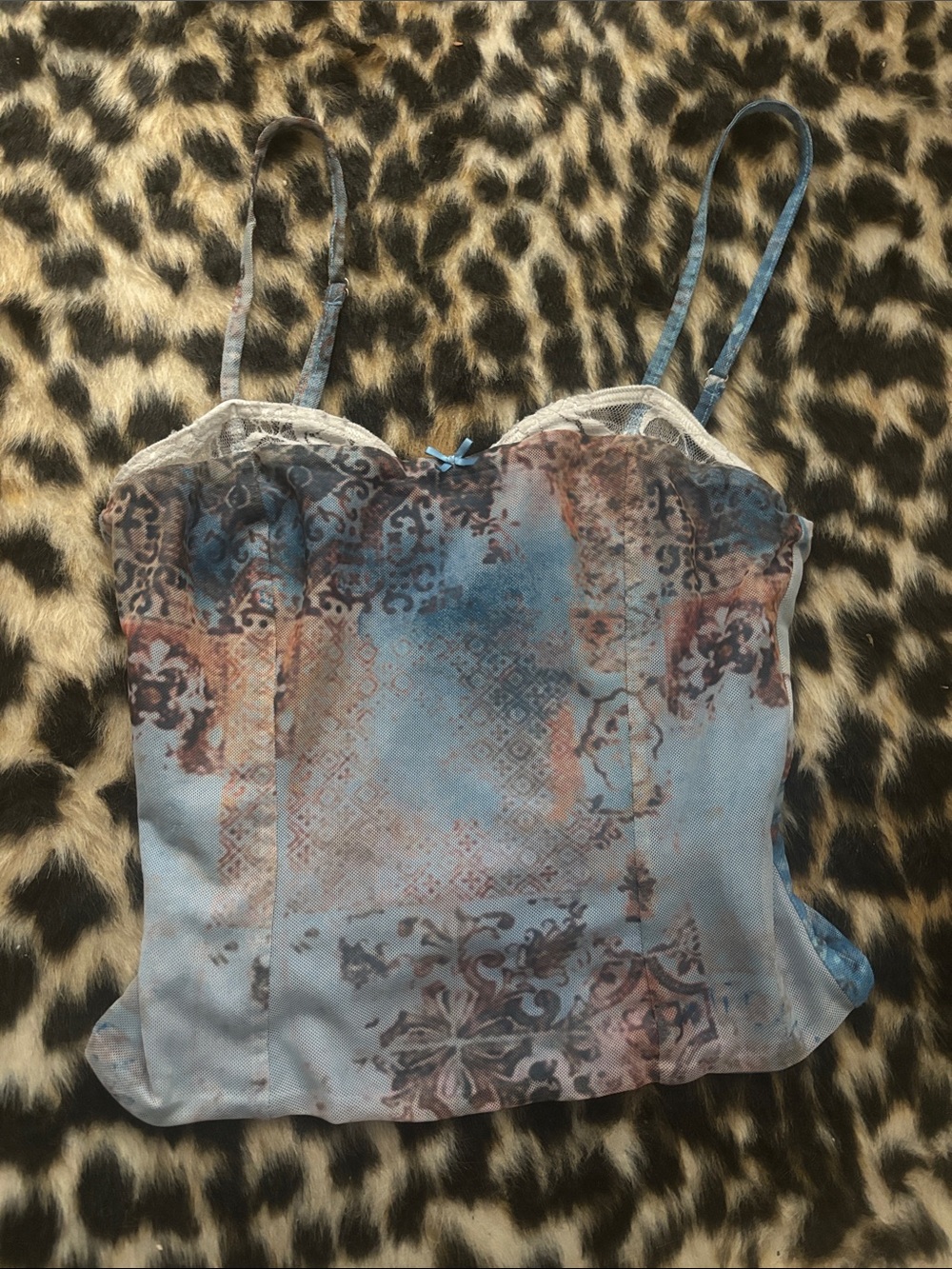 Tiger Mist Blue Patterned Lace-Trim Cami Top